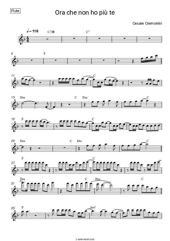 Ora che non ho più te - Cesare Cremonini Flute Sheet Music - Flute