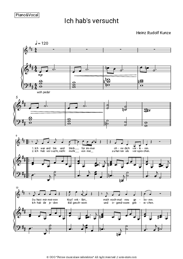 Ich habs versucht - Heinz Rudolf Kunze Piano Sheet Music with the Voice part - Piano&Vocal
