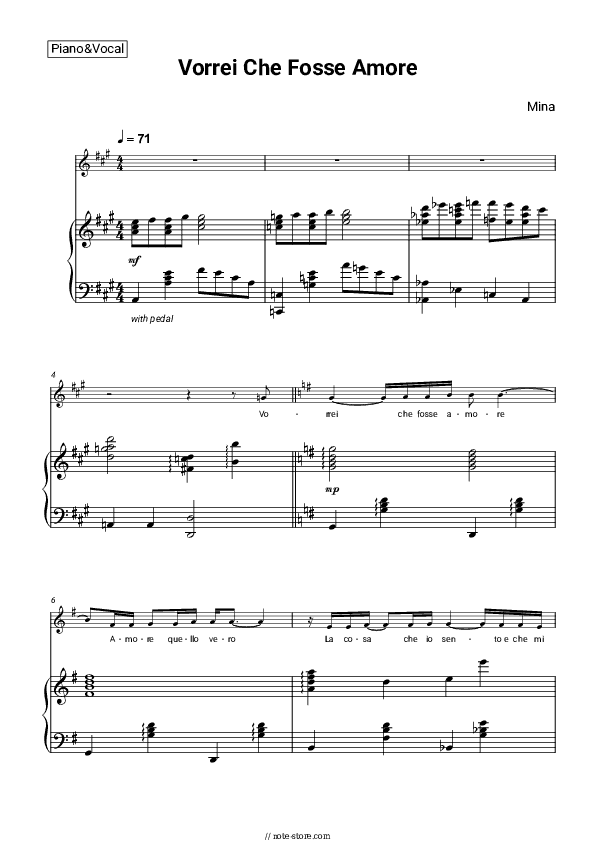 Vorrei Che Fosse Amore - Mina Piano Sheet Music with the Voice part - Piano&Vocal