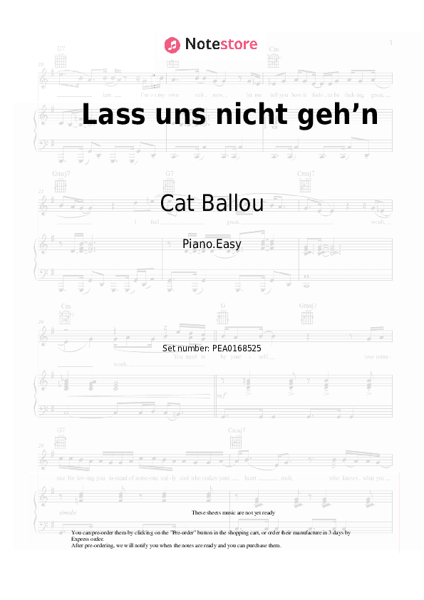 Lass uns nicht geh’n - Cat Ballou Piano Sheet Music Easy - Piano.Easy