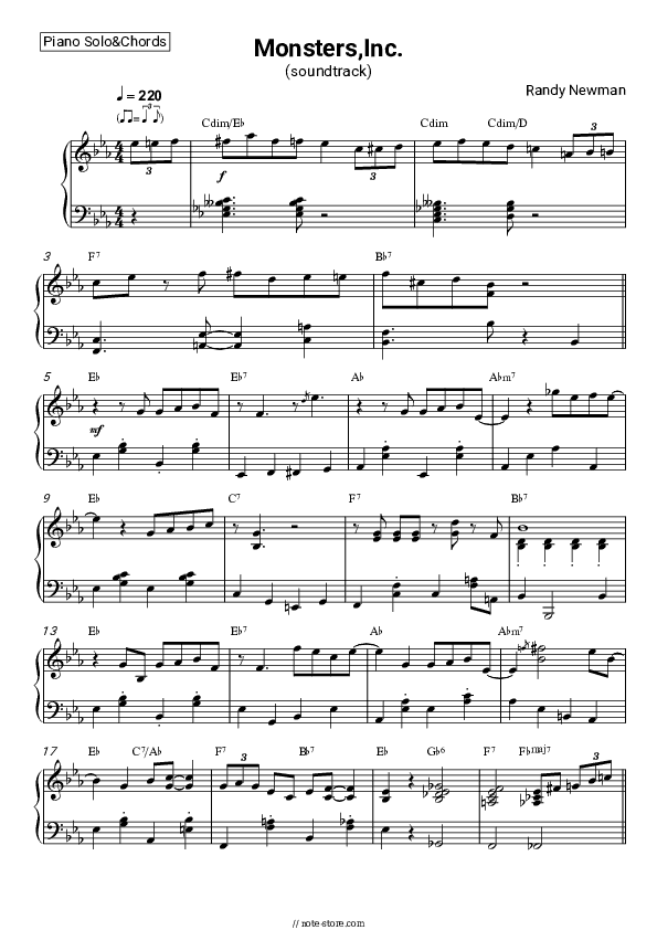 Monsters, Inc. (soundtrack) - Randy Newman Piano Sheet Music and Chords - Piano.Solo&Chords