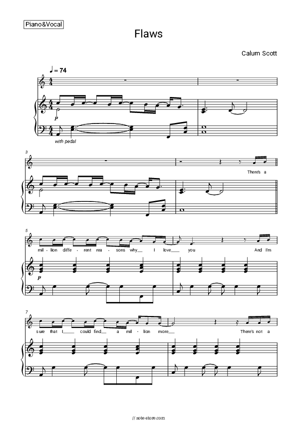 Flaws - Calum Scott Piano Sheet Music with the Voice part - Piano&Vocal