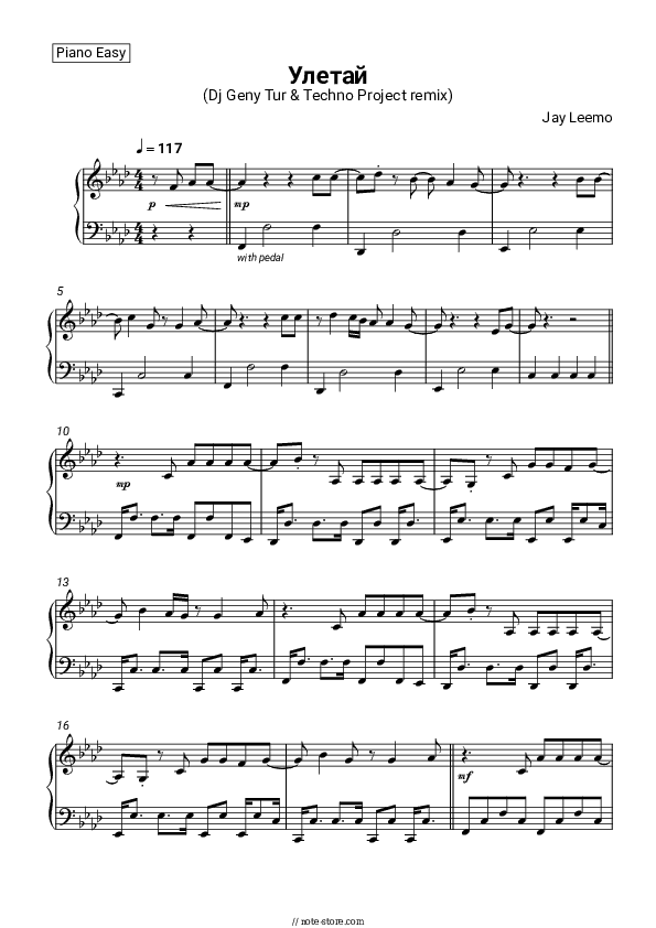 Улетай (Dj Geny Tur & Techno Project Remix) - Jay Leemo Piano Sheet Music Easy - Piano.Easy