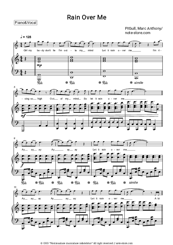 Rain Over Me - Pitbull, Marc Anthony Piano Sheet Music with the Voice part - Piano&Vocal