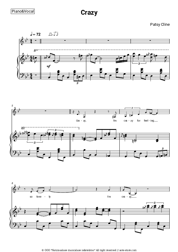 Crazy - Patsy Cline Piano Sheet Music with the Voice part - Piano&Vocal