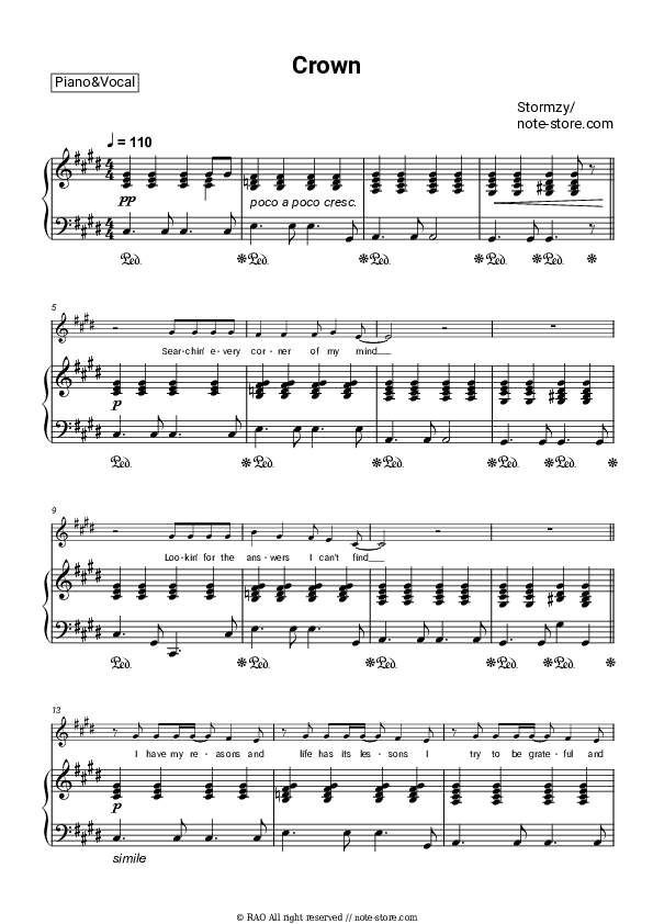 Crown - Stormzy Piano Sheet Music with the Voice part - Piano&Vocal