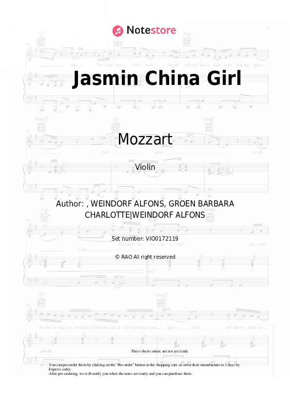 Jasmin China Girl - Mozzart Violin Sheet Music - Violin