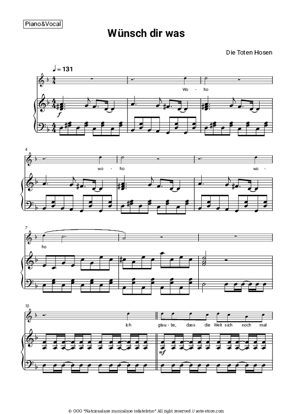 Wünsch dir was - Die Toten Hosen Piano Sheet Music with the Voice part - Piano&Vocal