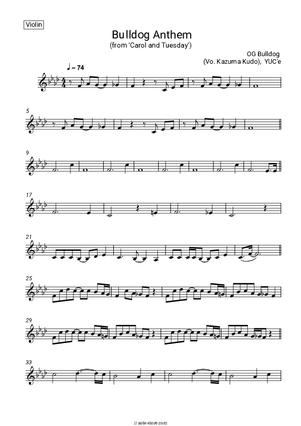 Bulldog Anthem (from 'Carol and Tuesday') - OG Bulldog (Vo. Kazuma Kudo), YUC'e Violin Sheet Music - Violin