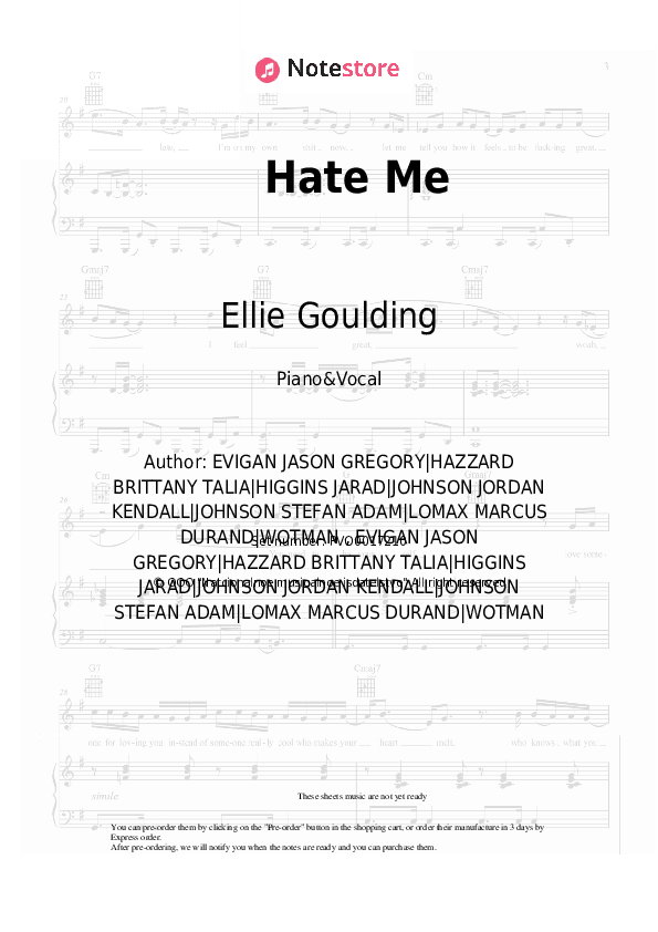 Hate Me - Ellie Goulding, Juice WRLD Piano Sheet Music with the Voice part - Piano&Vocal