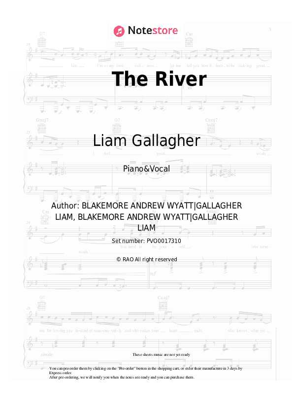The River - Liam Gallagher Piano Sheet Music with the Voice part - Piano&Vocal