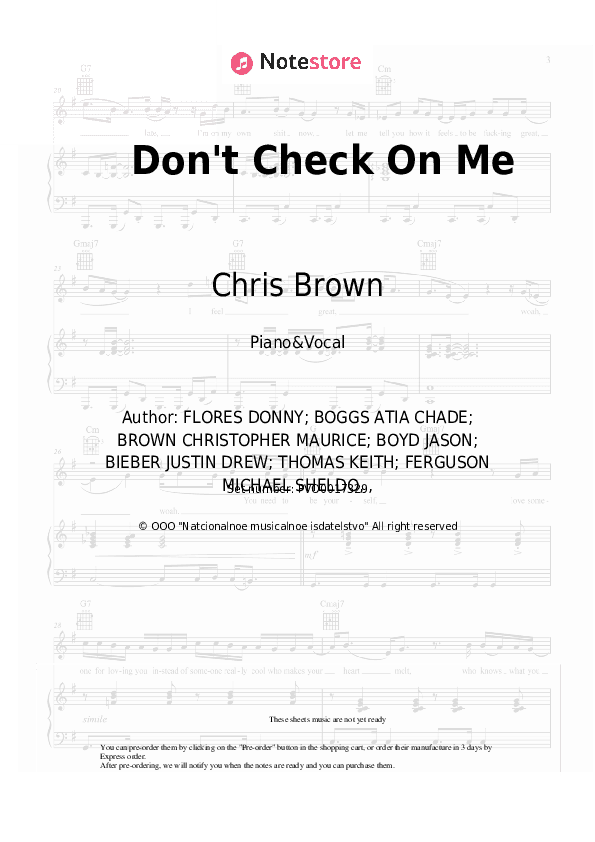 Don't Check On Me - Chris Brown, Justin Bieber, Ink Piano Sheet Music with the Voice part - Piano&Vocal