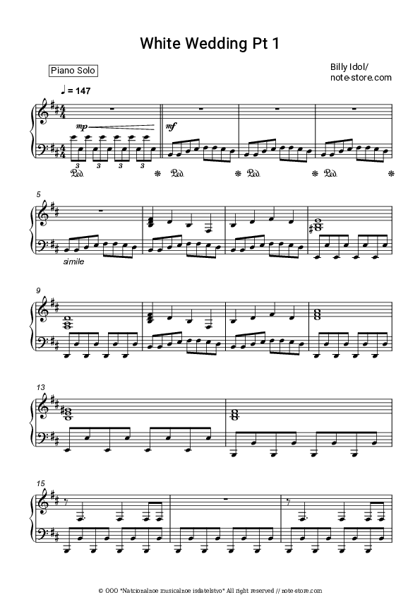 White Wedding Pt 1 - Billy Idol Piano Sheet Music - Piano.Solo
