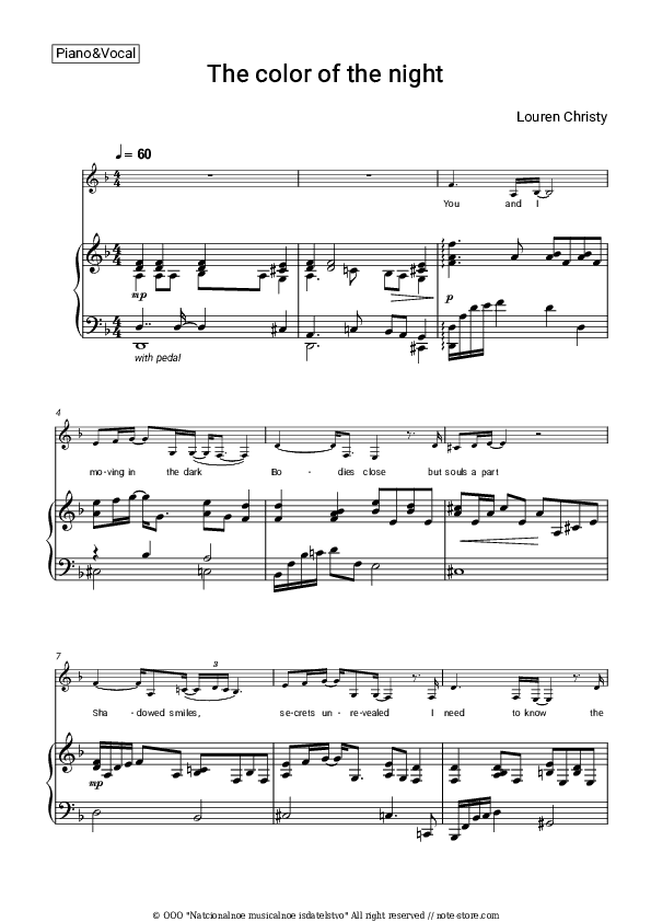 The color of the night - Louren Christy Piano Sheet Music with the Voice part - Piano&Vocal