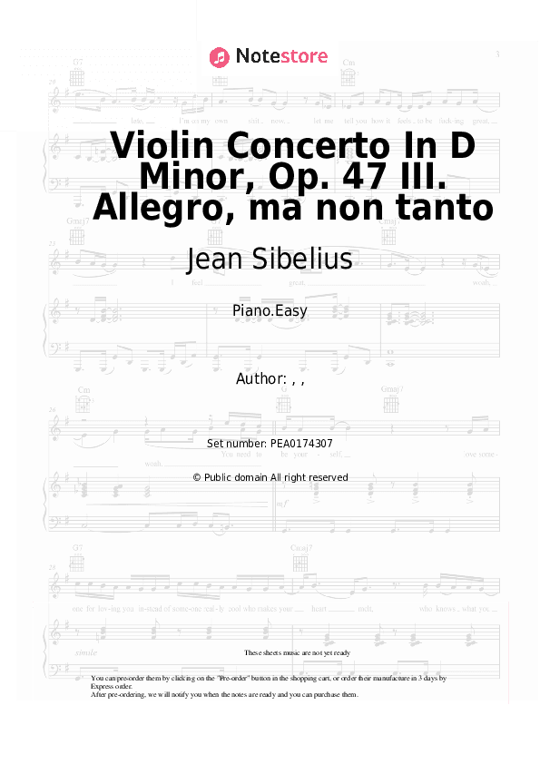 Violin Concerto In D Minor, Op. 47 III. Allegro, ma non tanto - Jean Sibelius Piano Sheet Music Easy - Piano.Easy