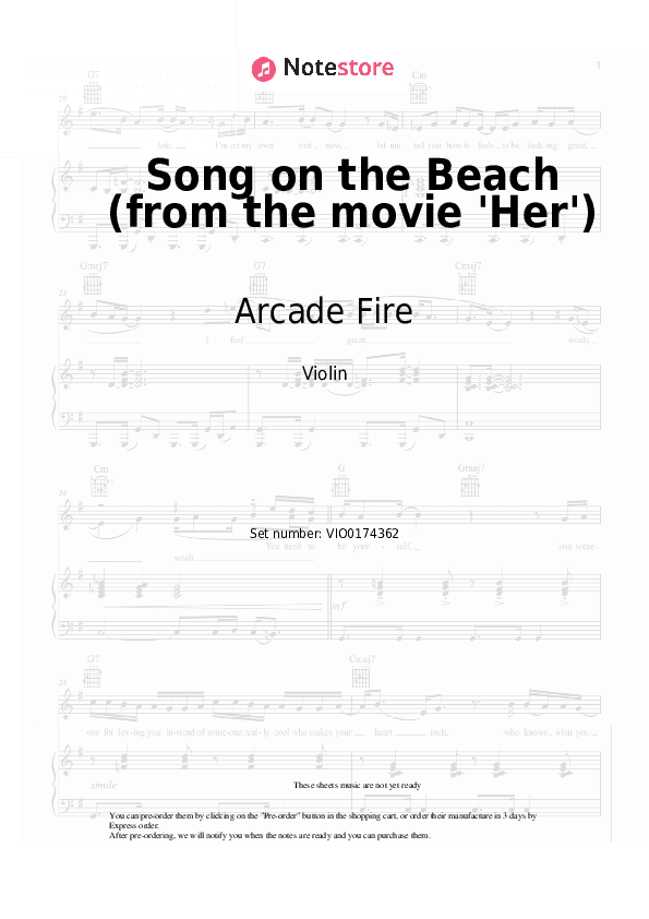 Song on the Beach (from the movie 'Her') - Arcade Fire Violin Sheet Music - Violin