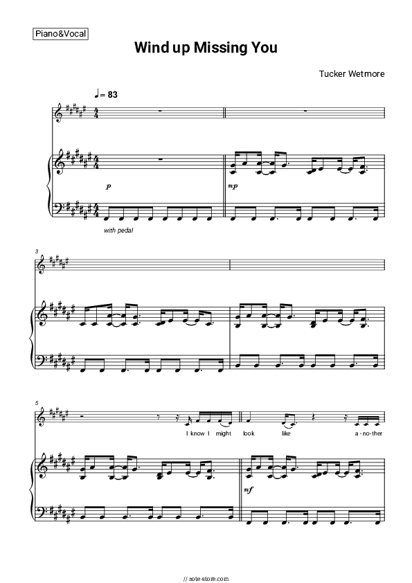 Wind up Missing You - Tucker Wetmore Piano Sheet Music with the Voice part - Piano&Vocal