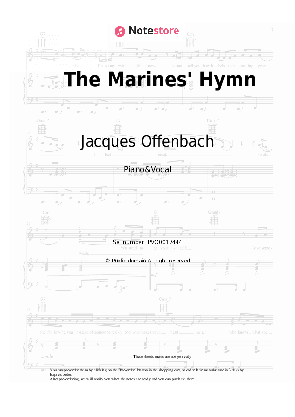 The Marines' Hymn - Jacques Offenbach Piano Sheet Music with the Voice part - Piano&Vocal