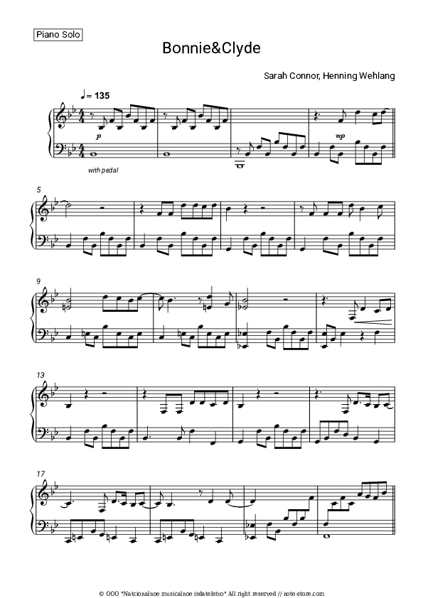 Bonnie & Clyde - Sarah Connor, Henning Wehland Piano Sheet Music - Piano.Solo