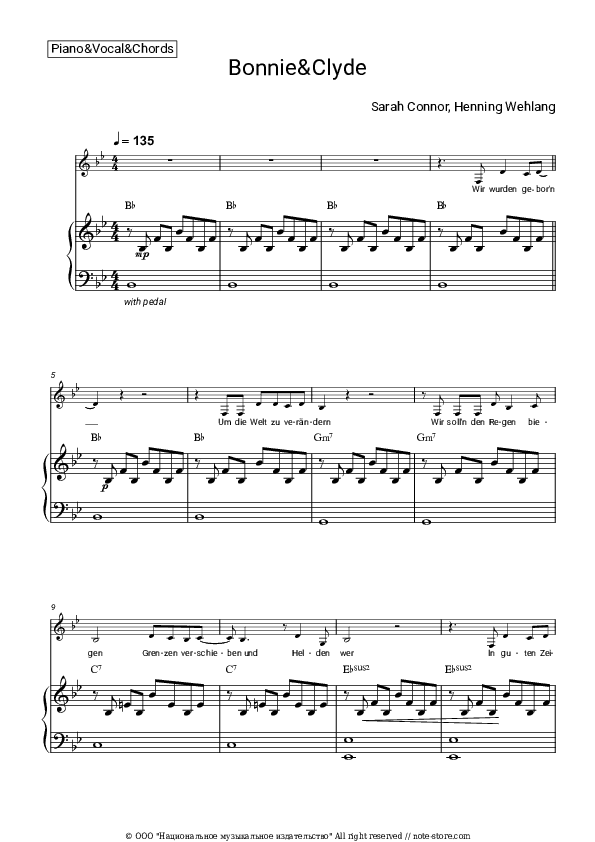 Bonnie & Clyde - Sarah Connor, Henning Wehland Piano Sheet Music with the Vocal and Chords - Piano&Vocal&Chords