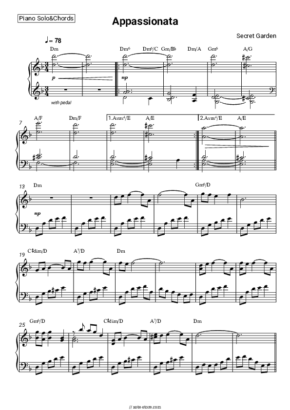 Appassionata - Secret Garden Piano Sheet Music and Chords - Piano.Solo&Chords