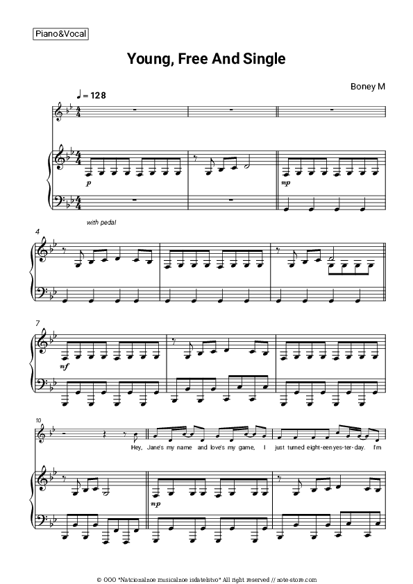 Young, Free And Single - Boney M Piano Sheet Music with the Voice part - Piano&Vocal