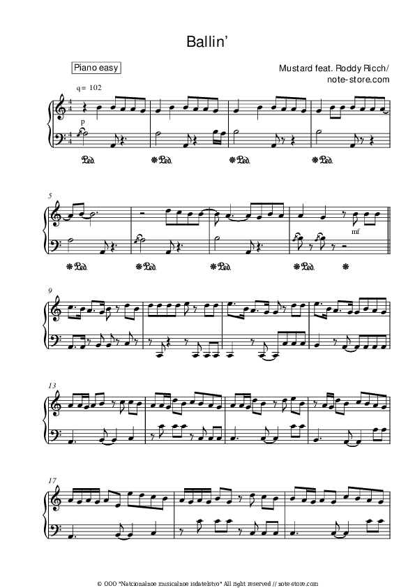 Ballin’ - Mustard, Roddy Ricch Piano Sheet Music Easy - Piano.Easy