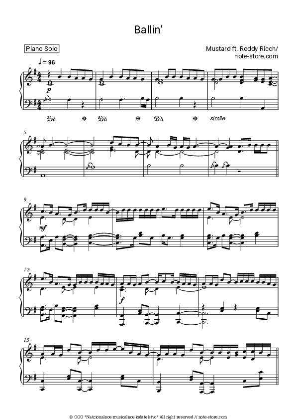 Ballin’ - Mustard, Roddy Ricch Piano Sheet Music - Piano.Solo
