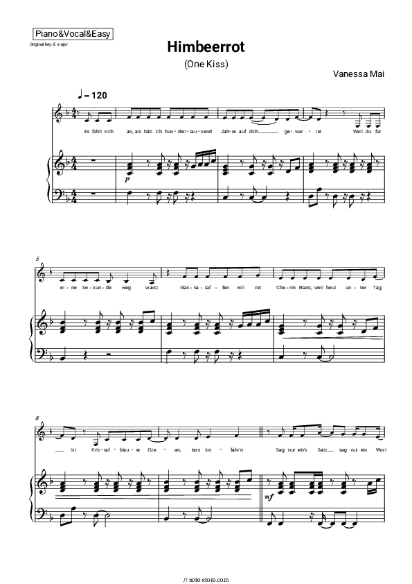 Himbeerrot (One Kiss) - Vanessa Mai Piano Sheet Music Easy and Vocal - Piano&Vocal.Easy