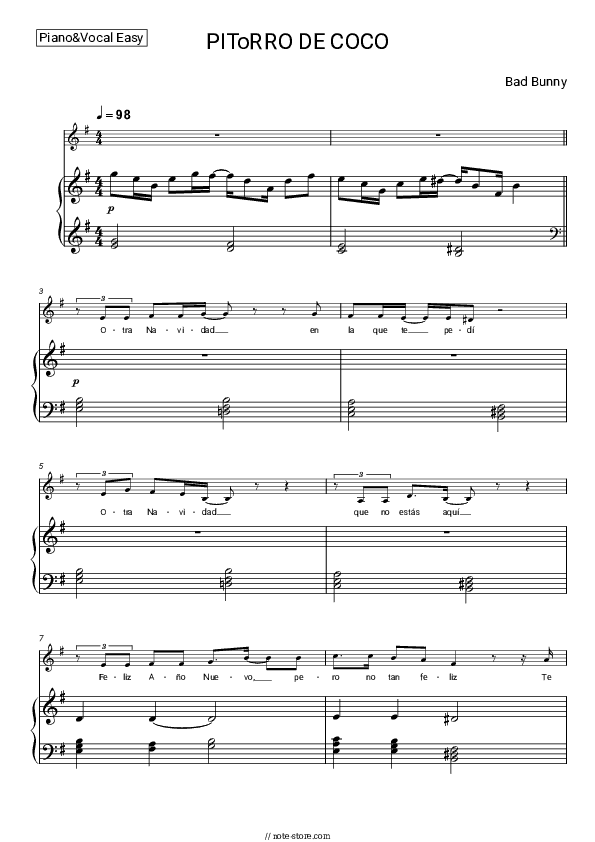 PIToRRO DE COCO - Bad Bunny Piano Sheet Music Easy and Vocal - Piano&Vocal.Easy
