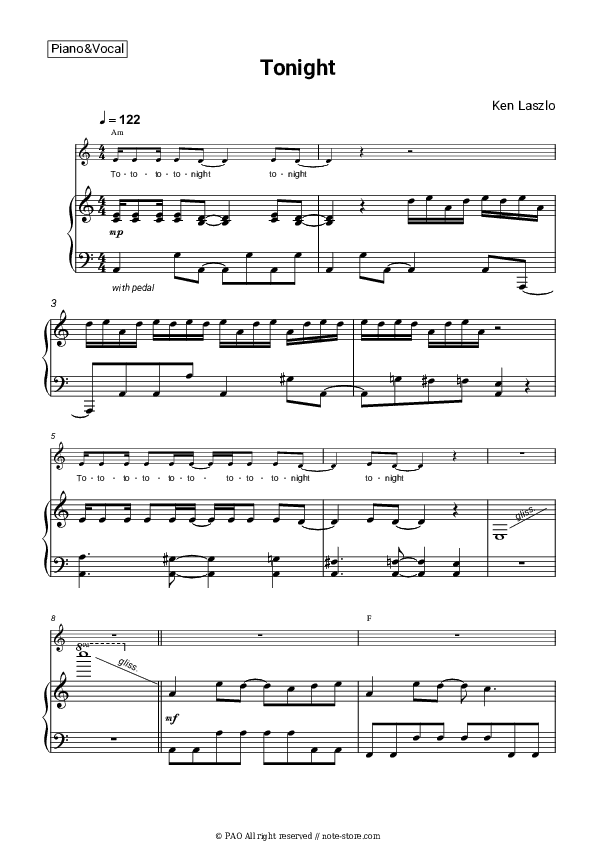 Tonight - Ken Laszlo Piano Sheet Music with the Vocal and Chords - Piano&Vocal&Chords
