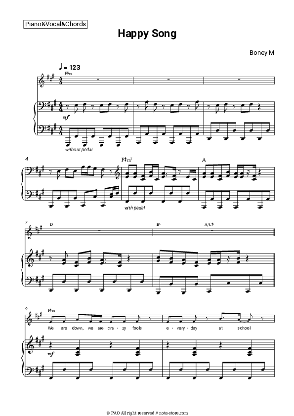 Happy Song - Boney M Piano Sheet Music with the Vocal and Chords - Piano&Vocal&Chords