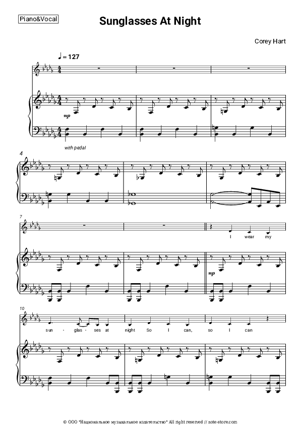 Sunglasses At Night - Corey Hart Piano Sheet Music with the Voice part - Piano&Vocal