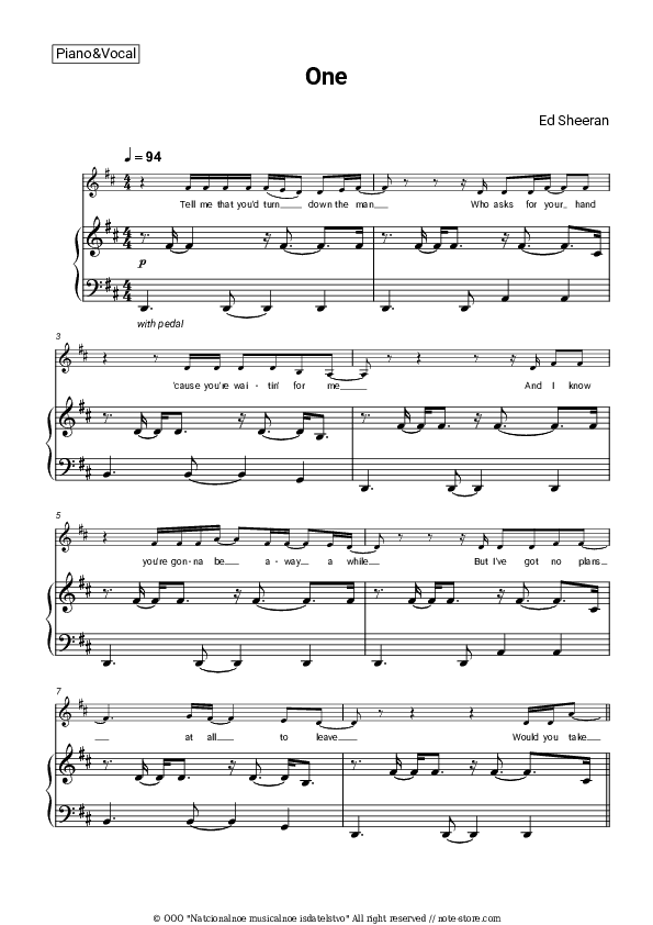 One - Ed Sheeran Piano Sheet Music with the Voice part - Piano&Vocal