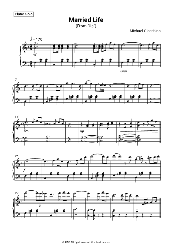 Married Life (From 'UP', Main Theme) - Michael Giacchino Piano Sheet Music - Piano.Solo