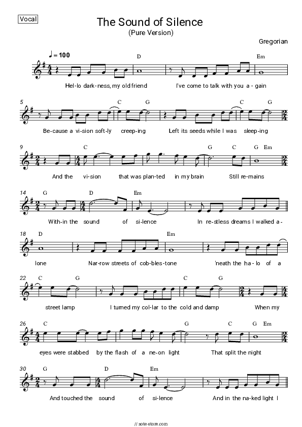 The Sound of Silence (Pure Version) - Gregorian Vocal Sheet Music - Vocal