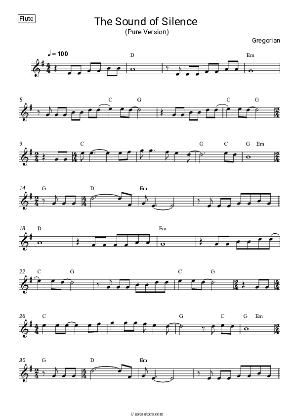 The Sound of Silence (Pure Version) - Gregorian Flute Sheet Music - Flute