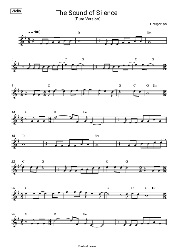 The Sound of Silence (Pure Version) - Gregorian Violin Sheet Music - Violin