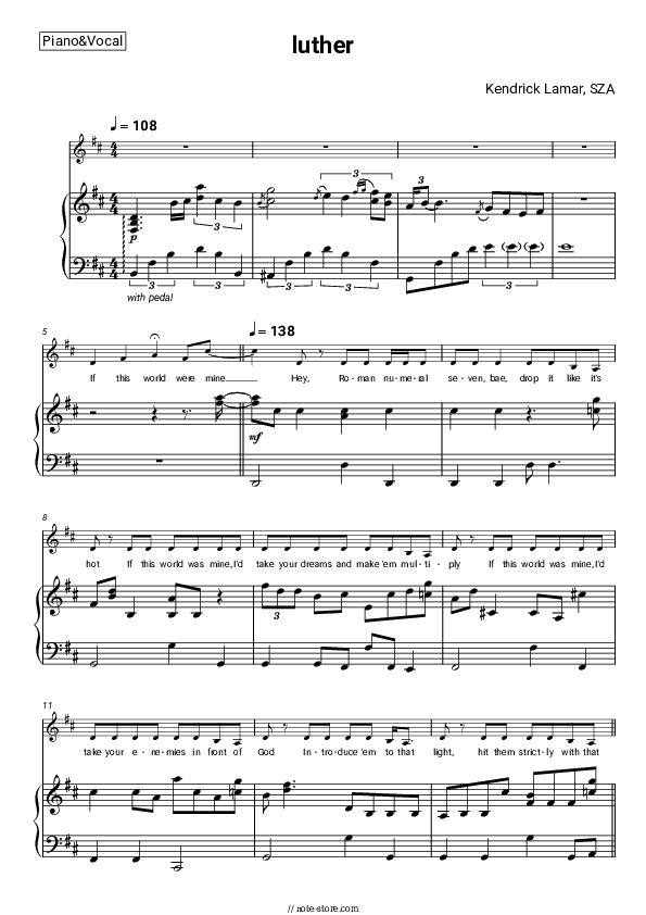 luther - Kendrick Lamar, SZA Piano Sheet Music with the Voice part - Piano&Vocal