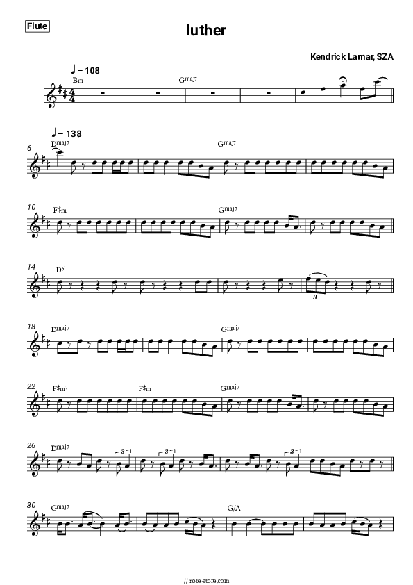 luther - Kendrick Lamar, SZA Flute Sheet Music - Flute