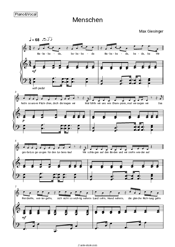 Menschen - Max Giesinger Piano Sheet Music with the Voice part - Piano&Vocal