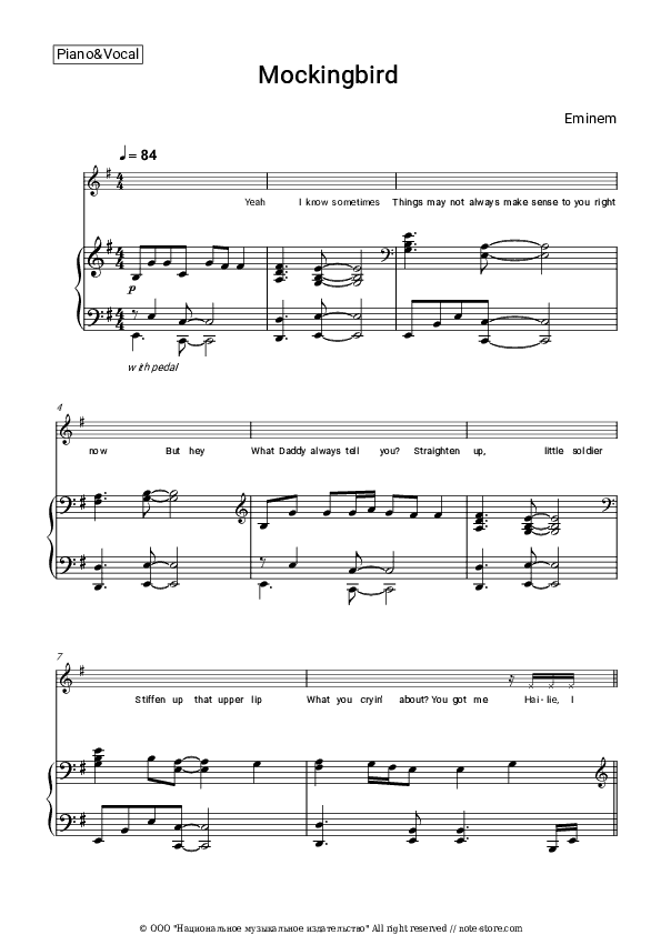 Mockingbird - Eminem Piano Sheet Music with the Voice part - Piano&Vocal