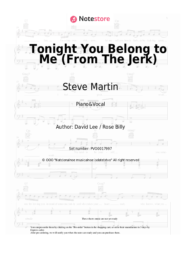 Tonight You Belong to Me (From The Jerk) - Steve Martin Piano Sheet Music with the Voice part - Piano&Vocal
