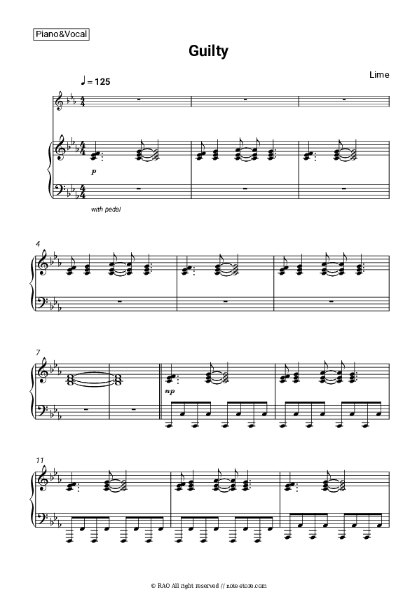 Guilty - Lime Piano Sheet Music with the Voice part - Piano&Vocal