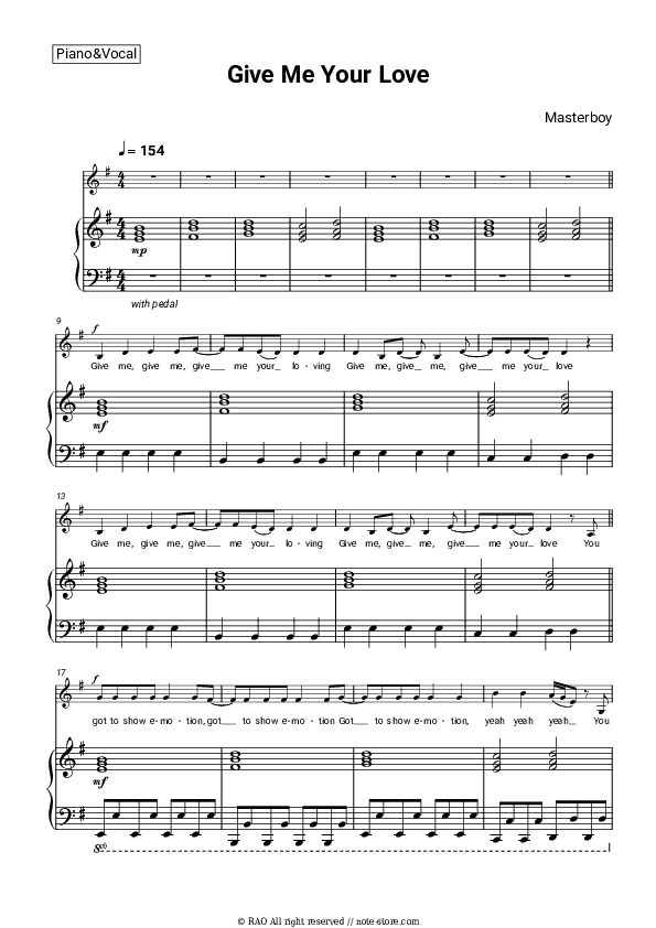 Give Me Your Love - Masterboy Piano Sheet Music with the Voice part - Piano&Vocal