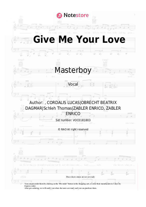 Give Me Your Love - Masterboy Vocal Sheet Music - Vocal