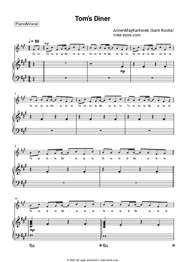 Tom's Diner - AnnenMayKantereit, Giant Rooks Piano Sheet Music with the Voice part - Piano&Vocal