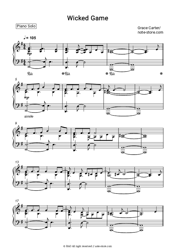 Wicked Game - Grace Carter Piano Sheet Music - Piano.Solo