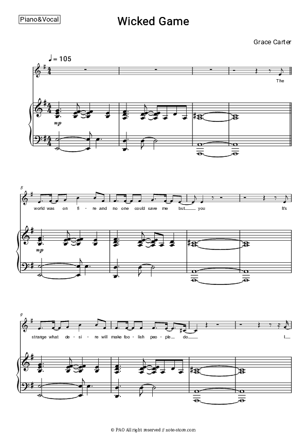 Wicked Game - Grace Carter Piano Sheet Music with the Voice part - Piano&Vocal