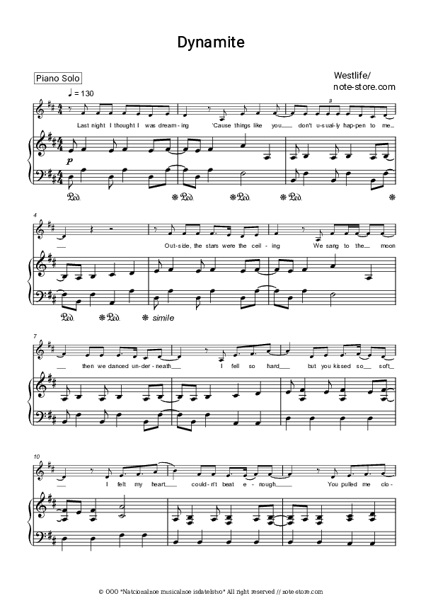 Dynamite - Westlife Piano Sheet Music with the Voice part - Piano&Vocal